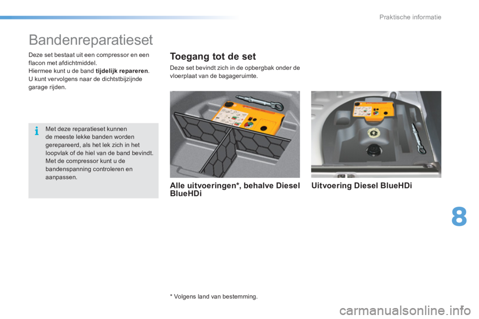 CITROEN C5 2016  Instructieboekjes (in Dutch) 8
Praktische informatie
1
   
 
 
 
 
 
 
 
 
 
 
 
Bandenreparatieset 
 
 
 
Alle uitvoeringen * , behalve Diesel 
BlueHDi     
Uitvoering Diesel BlueHDi  
 
 
 
 
 
*   
Volgens land van bestemming.