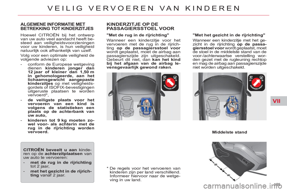 CITROEN C5 2014  Instructieboekjes (in Dutch) VII
105 
VEILIG VERVOEREN VAN KINDEREN
  Hoewel  CITROËN  bij het ontwerp 
van uw auto veel aandacht heeft be-
steed aan veiligheidsvoorzieningen 
voor uw kinderen, is hun veiligheid 
natuurlijk ook 