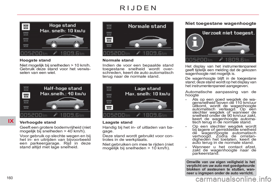 CITROEN C5 2014  Instructieboekjes (in Dutch) IX
160 
RIJDEN
   
Niet toegestane wagenhoogte 
 Het display van het instrumentenpaneel 
geeft tijdelijk een melding dat de gekozen 
wagenhoogte niet mogelijk is. 
  De wagenhoogte blijft in de toeges