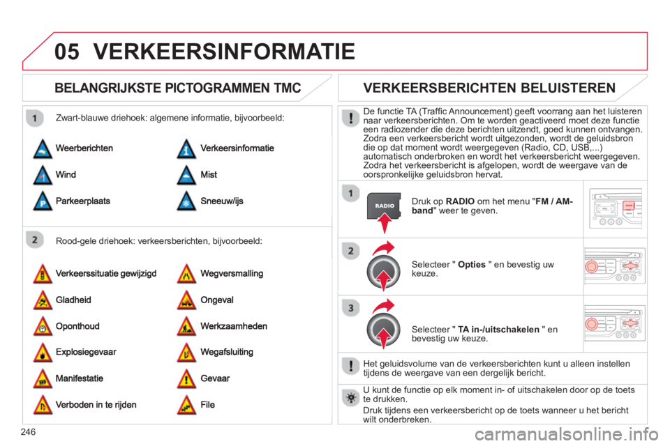 CITROEN C5 2014  Instructieboekjes (in Dutch) 246
05
BELANGRIJKSTE PICTOGRAMMEN TMC
   
Rood-gele driehoek: verkeersberichten, bijvoorbeeld:     
Zwart-blauwe driehoek: al
gemene informatie, bijvoorbeeld:
VERKEERSBERICHTEN BELUISTEREN
 
 
De func