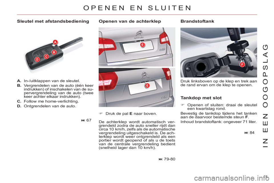 CITROEN C5 2014  Instructieboekjes (in Dutch) 5 
IN EEN OOGOPSLAG
   
 
A. 
  In-/uitklappen van de sleutel. 
   
B. 
  Vergrendelen van de auto (één keer 
indrukken) of inschakelen van de su-
pervergrendeling van de auto (twee 
keer achter elk