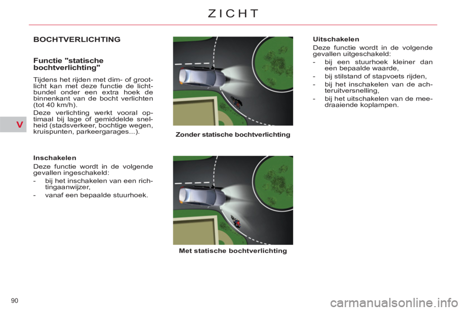 CITROEN C5 2014  Instructieboekjes (in Dutch) V
90 
ZICHT
   
 
 
 
BOCHTVERLICHTING
 
 
Zonder statische bochtverlichting
   
 
 
Met statische bochtverlichting 
 
 
 
 
Functie "statische 
bochtverlichting" 
  Tijdens het rijden met dim- of gro