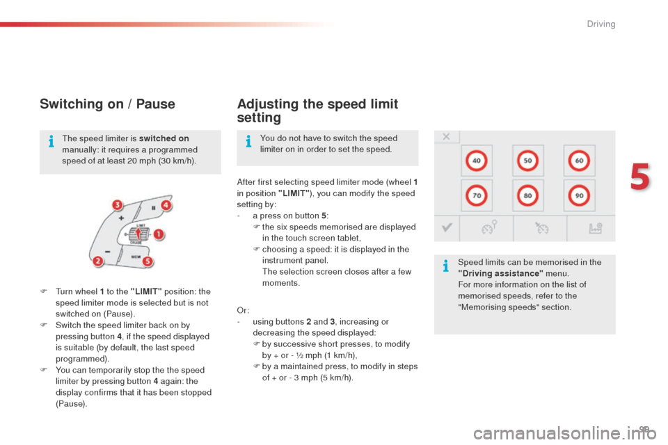 Citroen C4 CACTUS 2014 1.G Owners Manual 99
E3_en_Chap05_conduite_ed01-2014
Switching on / Pause
F Turn wheel 1 to the "LIMIT" position: the
speed limiter mode is selected but is not
switched on (Pause).
F
S
witch the speed limiter back Citroen C4 CACTUS 2014 1.G Owners Manual 99
E3_en_Chap05_conduite_ed01-2014
Switching on / Pause
F Turn wheel 1 to the "LIMIT" position: the
speed limiter mode is selected but is not
switched on (Pause).
F
S
witch the speed limiter back