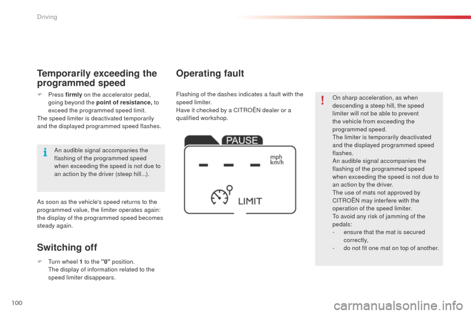 Citroen C4 CACTUS 2014 1.G Owners Manual 100
E3_en_Chap05_conduite_ed01-2014
On sharp acceleration, as when
descending a steep hill, the speed
limiter will not be able to prevent
the vehicle from exceeding the
programmed speed.
The limit Citroen C4 CACTUS 2014 1.G Owners Manual 100
E3_en_Chap05_conduite_ed01-2014
On sharp acceleration, as when
descending a steep hill, the speed
limiter will not be able to prevent
the vehicle from exceeding the
programmed speed.
The limit