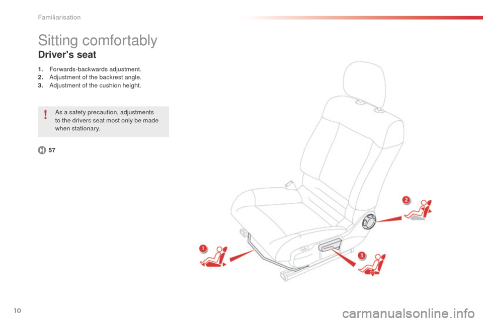 Citroen C4 CACTUS 2014 1.G User Guide 10
E3_en_Chap00b_prise-en-main_ed01-2014
Sitting comfortably
Drivers seat
1. Forwards-backwards adjustment.
2. Adjustment of the backrest angle.
3.
A
djustment of the cushion height.
57 As a safety Citroen C4 CACTUS 2014 1.G User Guide 10
E3_en_Chap00b_prise-en-main_ed01-2014
Sitting comfortably
Drivers seat
1. Forwards-backwards adjustment.
2. Adjustment of the backrest angle.
3.
A
djustment of the cushion height.
57 As a safety