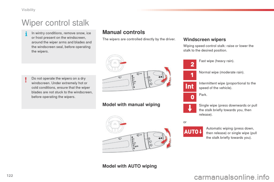 Citroen C4 CACTUS 2014 1.G Owners Manual 122
E3_en_Chap06_visibilite_ed01-2014
Wiper control stalk
Manual controls
The wipers are controlled directly by the driver.
Model with AUTO wiping Model with manual wipingWindscreen wipers
Wiping spee