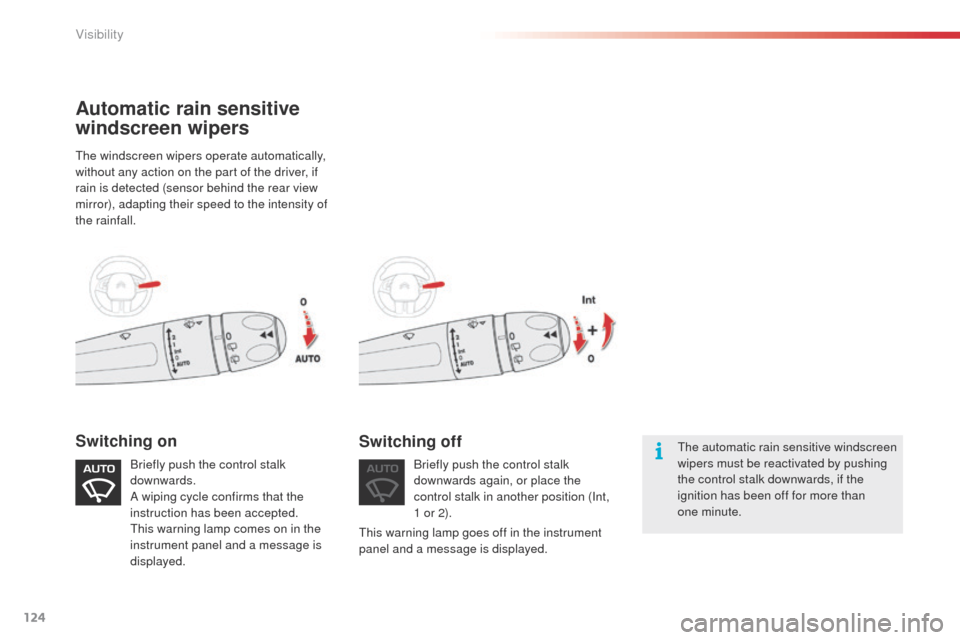 Citroen C4 CACTUS 2014 1.G Owners Manual 124
E3_en_Chap06_visibilite_ed01-2014
The windscreen wipers operate automatically,
without any action on the part of the driver, if
rain is detected (sensor behind the rear view
mirror), adapting t Citroen C4 CACTUS 2014 1.G Owners Manual 124
E3_en_Chap06_visibilite_ed01-2014
The windscreen wipers operate automatically,
without any action on the part of the driver, if
rain is detected (sensor behind the rear view
mirror), adapting t