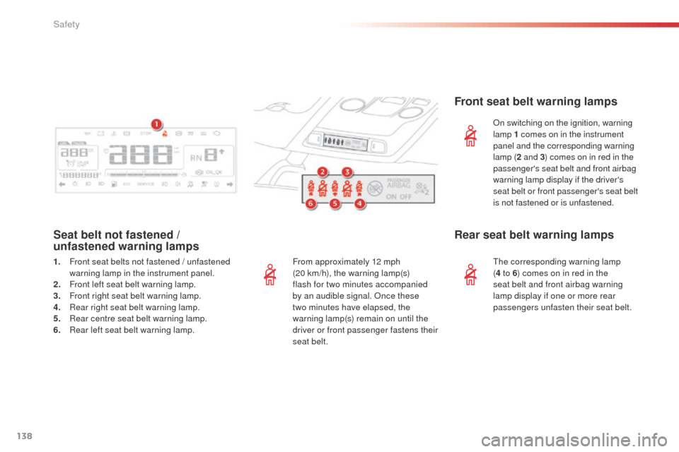 Citroen C4 CACTUS 2014 1.G Owners Manual 138
E3_en_Chap07_securite_ed01-2014
From approximately 12 mph
(20 km/h), the warning lamp(s)
flash for two minutes accompanied
by an audible signal. Once these
two
minutes have elapsed, the
wa Citroen C4 CACTUS 2014 1.G Owners Manual 138
E3_en_Chap07_securite_ed01-2014
From approximately 12 mph
(20 km/h), the warning lamp(s)
flash for two minutes accompanied
by an audible signal. Once these
two
minutes have elapsed, the
wa