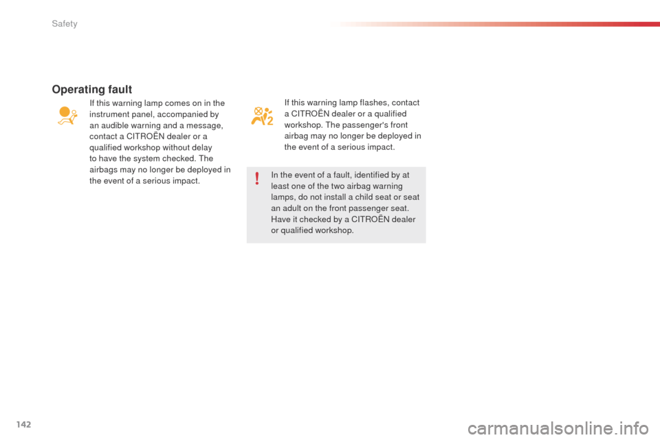 Citroen C4 CACTUS 2014 1.G Owners Manual 142
E3_en_Chap07_securite_ed01-2014
If this warning lamp flashes, contact 
a CITROËN dealer or a qualified 
workshop. The passengers front 
airbag may no longer be deployed in 
the event of a seriou