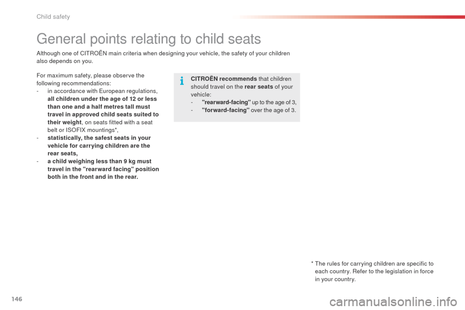 Citroen C4 CACTUS 2014 1.G Owners Manual 146
E3_en_Chap08_securite_enfants_ed01-2014
General points relating to child seats
CITROËN recommends that children 
should travel on the rear seats  of your 
vehicle:
-
 
"
 rearward-facing"  up to 