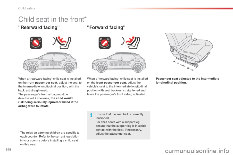 Citroen C4 CACTUS 2014 1.G Owners Manual 148
E3_en_Chap08_securite_enfants_ed01-2014
Child seat in the front*
"Rearward facing""Forward facing"
Passenger seat adjusted to the intermediate
longitudinal position.
Ensure that the seat belt is Citroen C4 CACTUS 2014 1.G Owners Manual 148
E3_en_Chap08_securite_enfants_ed01-2014
Child seat in the front*
"Rearward facing""Forward facing"
Passenger seat adjusted to the intermediate
longitudinal position.
Ensure that the seat belt is