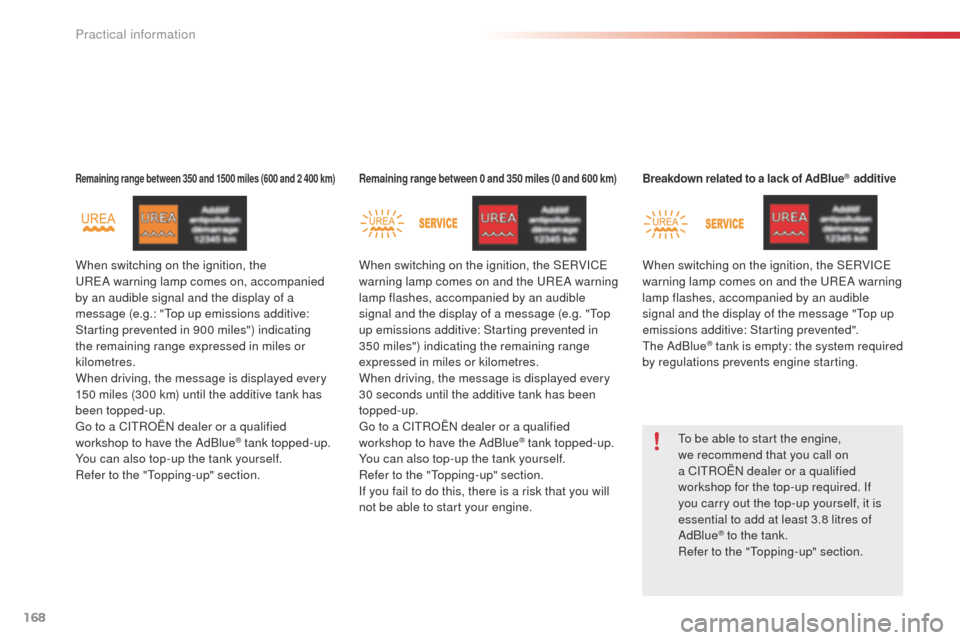 Citroen C4 CACTUS 2014 1.G Service Manual 168
E3_en_Chap09_info_pratiques_ed01-2014
Remaining range between 350 and 1500 miles (600 and 2 400 km)Remaining range between 0 and 350 miles (0 and 600 km)Breakdown related to a lack of AdBlue®  ad