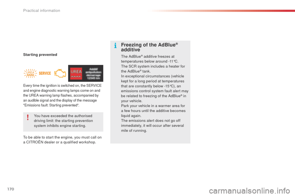 Citroen C4 CACTUS 2014 1.G Owners Manual 170
E3_en_Chap09_info_pratiques_ed01-2014
Starting prevented
To be able to start the engine, you must call on 
a CITROËN dealer or a qualified workshop.You have exceeded the authorised 
driving limit