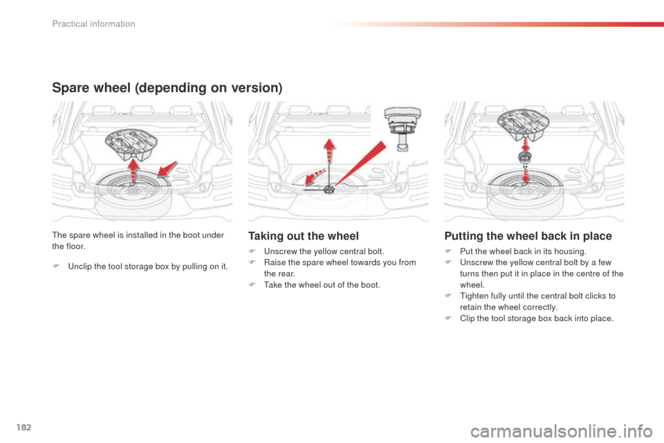 Citroen C4 CACTUS 2014 1.G Owners Manual 182
E3_en_Chap09_info_pratiques_ed01-2014
F Unclip the tool storage box by pulling on it. The spare wheel is installed in the boot under 
t h e f l o o r.
Spare wheel (depending on version)
Taking out