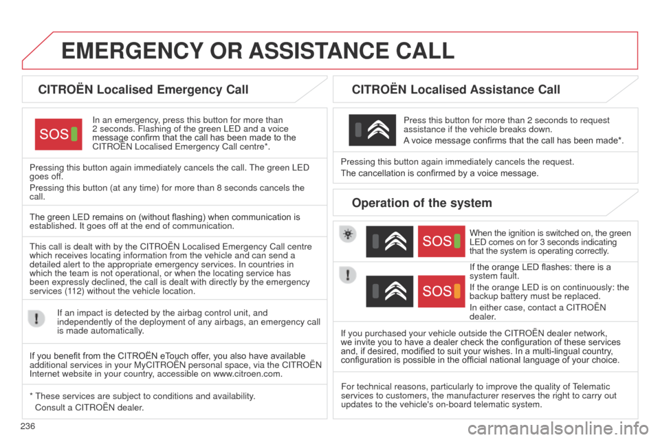 Citroen C4 CACTUS 2014 1.G Owners Manual 236
E3_en_Chap12a_BTA_ed01-2014
EMERGENCY OR ASSIST ANCE CALL
CITROËN Localised Emergency Call
In an emergency, press this button for more than
2
seconds. Flashing of the green LED and a voice Citroen C4 CACTUS 2014 1.G Owners Manual 236
E3_en_Chap12a_BTA_ed01-2014
EMERGENCY OR ASSIST ANCE CALL
CITROËN Localised Emergency Call
In an emergency, press this button for more than
2
seconds. Flashing of the green LED and a voice