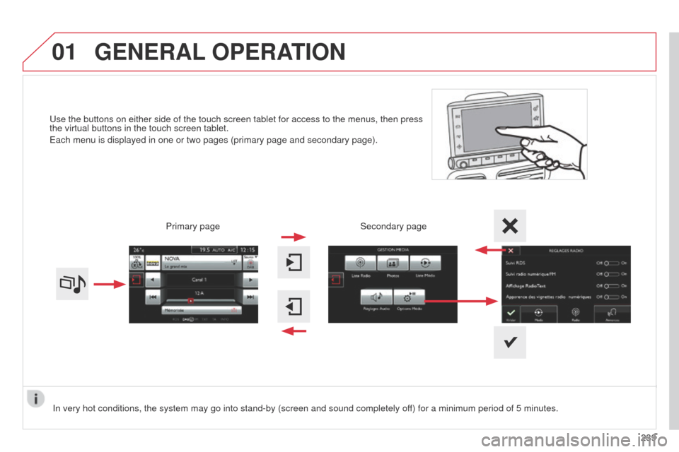 Citroen C4 CACTUS 2014 1.G Owners Manual 01
E3_en_Chap12b_SMEGplus_ed01-2014
Use the buttons on either side of the touch screen tablet for access to \
the menus, then press 
the virtual buttons in the touch screen tablet.
Each menu is displa