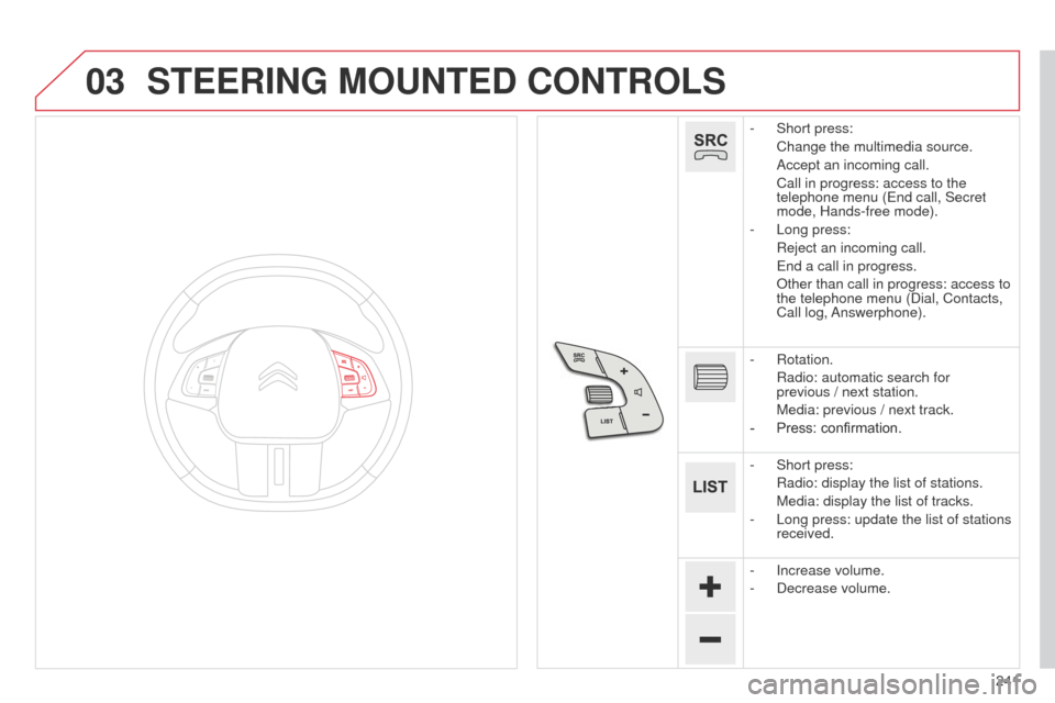 Citroen C4 CACTUS 2014 1.G Owners Manual 03
241
E3_en_Chap12b_SMEGplus_ed01-2014
STEERING MOUNTED CONTROLS
- Short press:
 Change the multimedia source.
 Accept an incoming call.
 Call in progress: access to the 
telephone menu (End call, Se