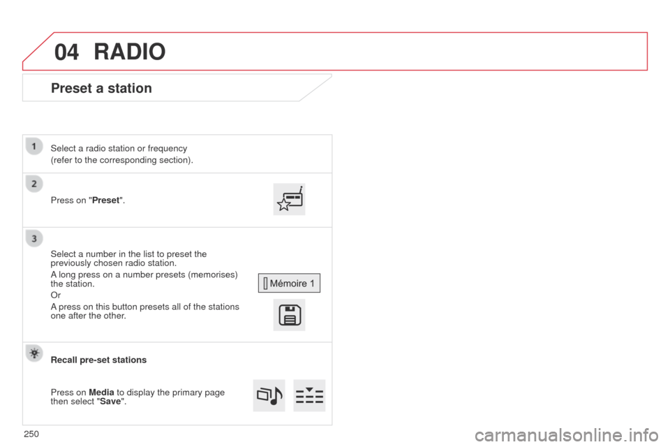 Citroen C4 CACTUS 2014 1.G Owners Manual 04
E3_en_Chap12b_SMEGplus_ed01-2014
Preset a station
Press on "Preset".
Select a radio station or frequency
(refer to the corresponding section).
Select a number in the list to preset the
previously Citroen C4 CACTUS 2014 1.G Owners Manual 04
E3_en_Chap12b_SMEGplus_ed01-2014
Preset a station
Press on "Preset".
Select a radio station or frequency
(refer to the corresponding section).
Select a number in the list to preset the
previously
