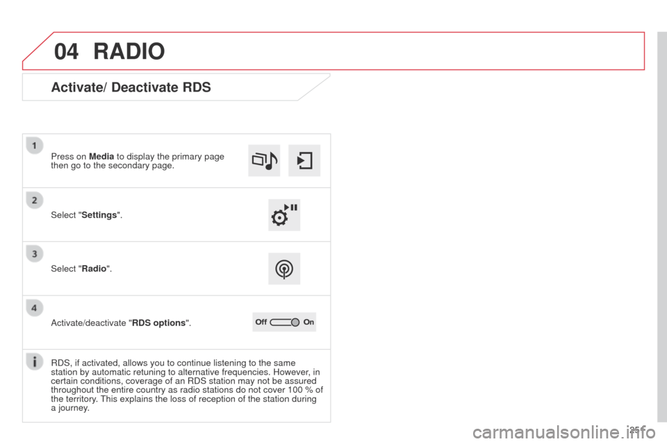 Citroen C4 CACTUS 2014 1.G Owners Manual 04
251
E3_en_Chap12b_SMEGplus_ed01-2014
RADIO
Activate/ Deactivate RDS
Select "Settings". Press on Media to display the primary page
then go to the secondary page.
Select "Radio".
Activate/deactivate Citroen C4 CACTUS 2014 1.G Owners Manual 04
251
E3_en_Chap12b_SMEGplus_ed01-2014
RADIO
Activate/ Deactivate RDS
Select "Settings". Press on Media to display the primary page
then go to the secondary page.
Select "Radio".
Activate/deactivate