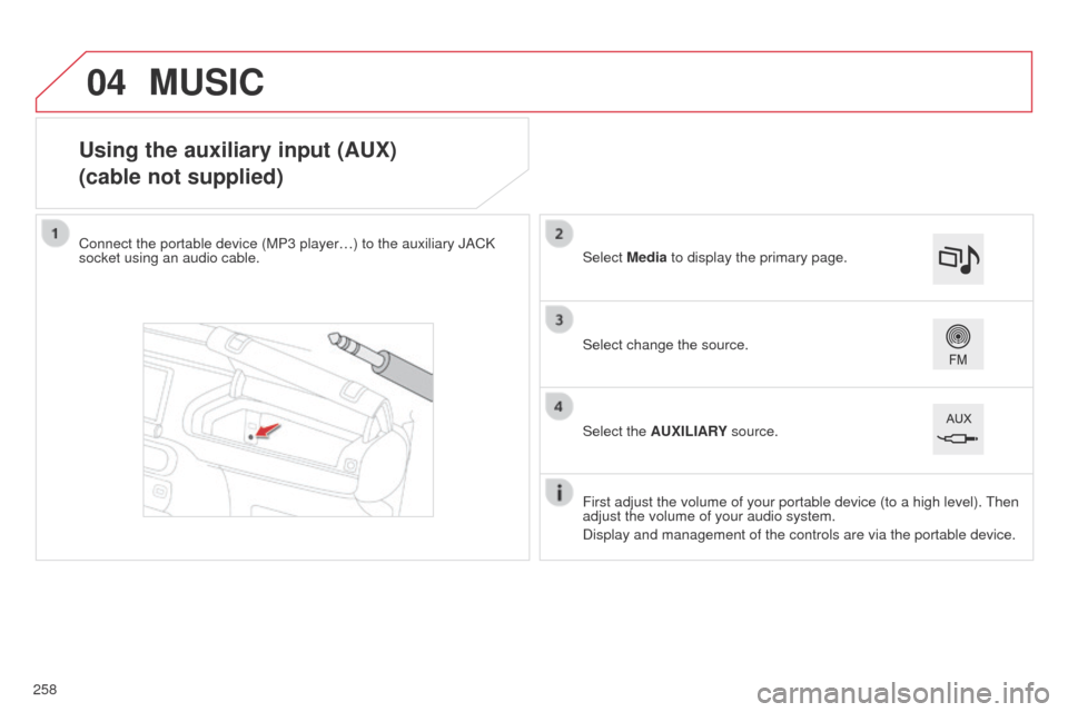 Citroen C4 CACTUS 2014 1.G Owners Manual 04
E3_en_Chap12b_SMEGplus_ed01-2014
Using the auxiliary input (AUX)
(cable not supplied)
Connect the portable device (MP3 player…) to the auxiliary JACK
socket using an audio cable.First adjust the Citroen C4 CACTUS 2014 1.G Owners Manual 04
E3_en_Chap12b_SMEGplus_ed01-2014
Using the auxiliary input (AUX)
(cable not supplied)
Connect the portable device (MP3 player…) to the auxiliary JACK
socket using an audio cable.First adjust the