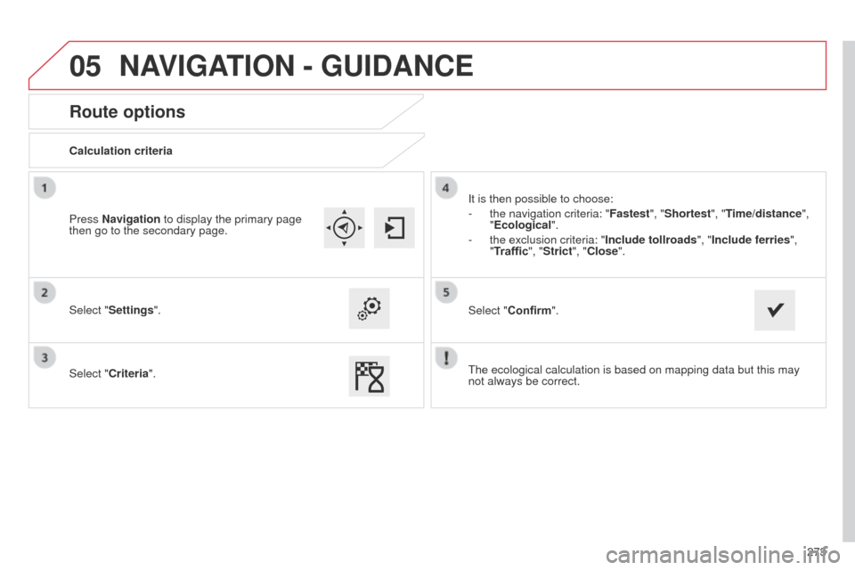 Citroen C4 CACTUS 2014 1.G Owners Manual 05
273
E3_en_Chap12b_SMEGplus_ed01-2014
Route options
Calculation criteria
Select "Settings".
Select "Criteria".It is then possible to choose:
-
 
the navigation criteria: "Fastest

", "Shortest", "Ti