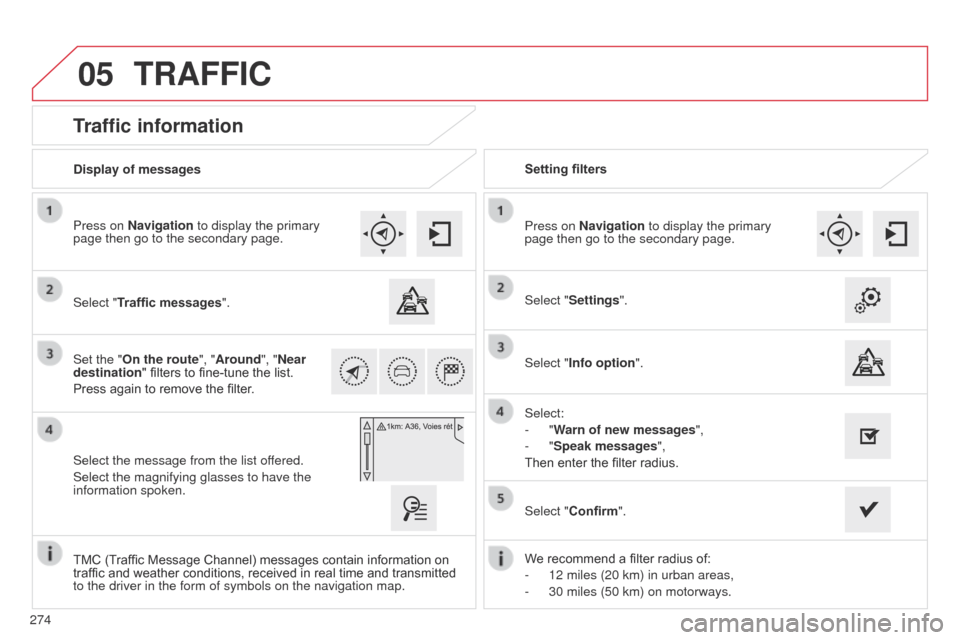 Citroen C4 CACTUS 2014 1.G Owners Manual 05
274
E3_en_Chap12b_SMEGplus_ed01-2014
Traffic information
Select "Traffic messages".
Press on Navigation to display the primary 
page then go to the secondary page.
Select the message from the list 