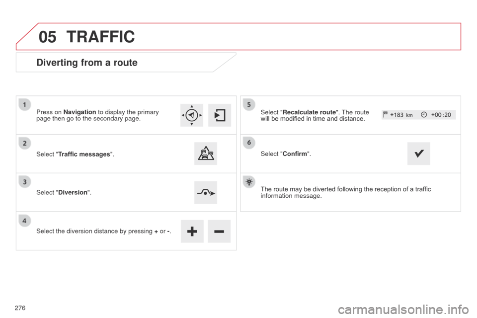Citroen C4 CACTUS 2014 1.G Owners Manual 05
E3_en_Chap12b_SMEGplus_ed01-2014
Diverting from a route
Press on Navigation to display the primary 
page then go to the secondary page.
Select "Traffic messages".
Select "Diversion".
Select the div