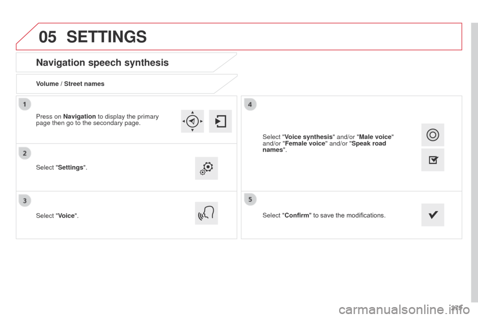 Citroen C4 CACTUS 2014 1.G Owners Manual 05
279
E3_en_Chap12b_SMEGplus_ed01-2014
Navigation speech synthesis
Volume / Street names
Select "Settings".
Select "Voice".Select "Confirm" to save the modifications.
Press on Navigation to display t