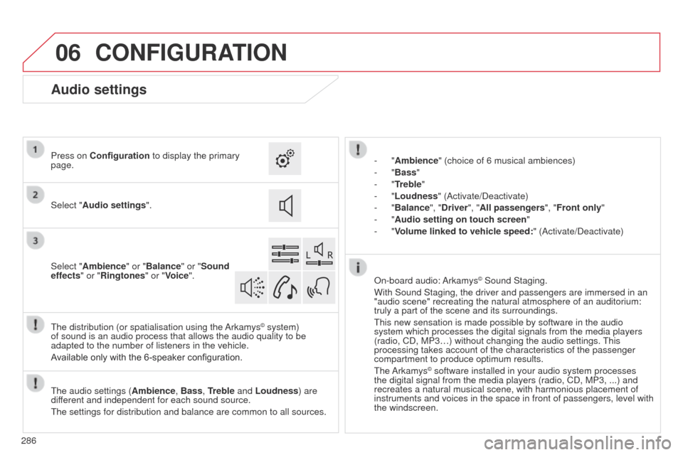 Citroen C4 CACTUS 2014 1.G Owners Manual 06
E3_en_Chap12b_SMEGplus_ed01-2014
286
CONFIGURATION
- "Ambience" (choice of 6 musical ambiences)
- "Bass "
-
"Treble"
-
"Loudness" (Activate/Deactivate)
-
"Balance", "Driver ", "All passenge Citroen C4 CACTUS 2014 1.G Owners Manual 06
E3_en_Chap12b_SMEGplus_ed01-2014
286
CONFIGURATION
- "Ambience" (choice of 6 musical ambiences)
- "Bass "
-
"Treble"
-
"Loudness" (Activate/Deactivate)
-
"Balance", "Driver ", "All passenge