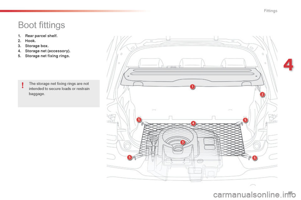 Citroen C4 CACTUS 2014 1.G Manual Online 83
Boot fittings
1. Rear parcel shelf.
2. Hook.
3.
 
S
 torage box.
4.
 S

torage net (accessory).
5.
 
S
 torage net fixing rings.
The storage net fixing rings are not 
intended to secure loads or re