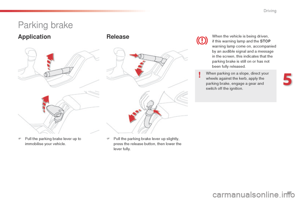 Citroen C4 CACTUS 2014 1.G Owners Manual 87
E3_en_Chap05_conduite_ed01-2014
Parking brake
ApplicationRelease
When parking on a slope, direct your 
wheels against the kerb, apply the 
parking brake, engage a gear and 
switch off the ignition.
