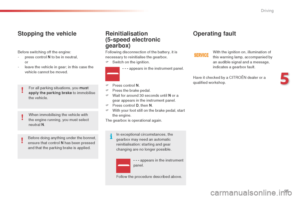 Citroen C4 CACTUS 2014 1.G Owners Guide 93
E3_en_Chap05_conduite_ed01-2014
Before switching off the engine:
- p ress control N to be in neutral,
 

or
-
 
l
 eave the vehicle in gear; in this case the 
vehicle cannot be moved.
Stopping the 