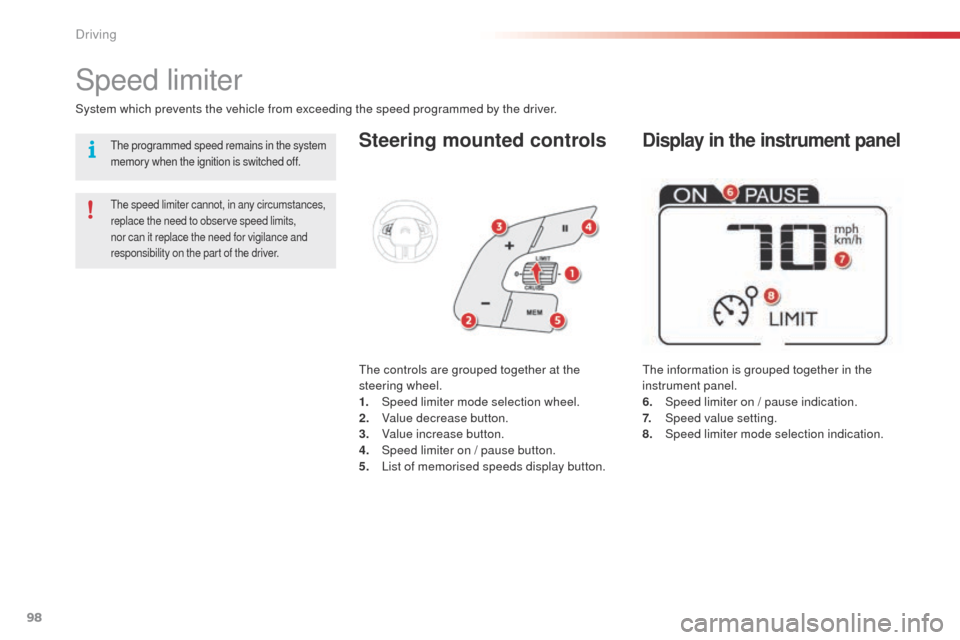 Citroen C4 CACTUS 2014 1.G Owners Manual 98
E3_en_Chap05_conduite_ed01-2014
Steering mounted controls
The information is grouped together in the
instrument panel.
6.
S
peed limiter on / pause indication.
7.
Spe
ed value setting.
8.
Spe
Citroen C4 CACTUS 2014 1.G Owners Manual 98
E3_en_Chap05_conduite_ed01-2014
Steering mounted controls
The information is grouped together in the
instrument panel.
6.
S
peed limiter on / pause indication.
7.
Spe
ed value setting.
8.
Spe