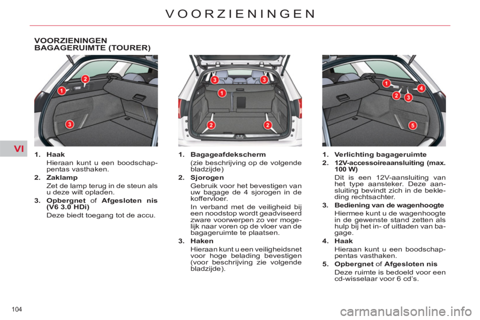 CITROEN C5 2012  Instructieboekjes (in Dutch) VI
104 
VOORZIENINGEN
VOORZIENINGEN 
BAGAGERUIMTE (TOURER) 
   
 
1. 
  Haak 
 
 
  Hieraan kunt u een boodschap-
pentas vasthaken. 
   
2. 
  Zaklamp 
 
 
  Zet de lamp terug in de steun als 
u deze 