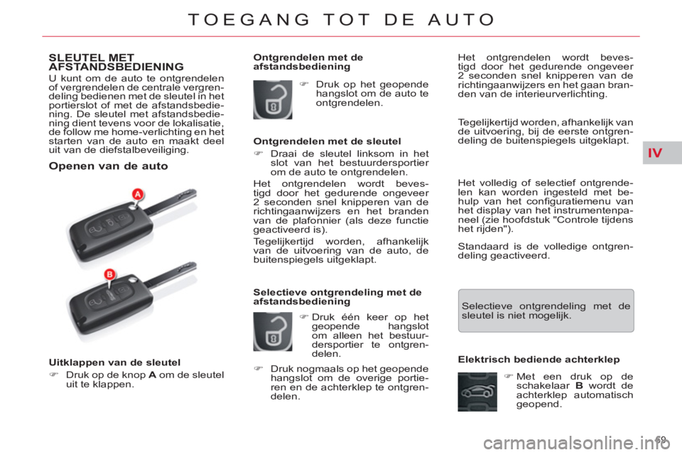 CITROEN C5 2012  Instructieboekjes (in Dutch) IV
69 
TOEGANG TOT DE AUTO
SLEUTEL MET 
AFSTANDSBEDIENING 
  U kunt om de auto te ontgrendelen 
of vergrendelen de centrale vergren-
deling bedienen met de sleutel in het 
portierslot of met de afstan
