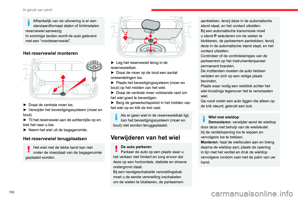 CITROEN C5 AIRCROSS 2022 Instructieboekjes (in Dutch) 196
In geval van pech
Afhankelijk van de uitvoering is er een standaardformaat stalen of lichtmetalen
reservewiel aanwezig.
In sommige landen wordt de auto geleverd
met een “noodreservewiel”.
He CITROEN C5 AIRCROSS 2022 Instructieboekjes (in Dutch) 196
In geval van pech
Afhankelijk van de uitvoering is er een standaardformaat stalen of lichtmetalen
reservewiel aanwezig.
In sommige landen wordt de auto geleverd
met een “noodreservewiel”.
He