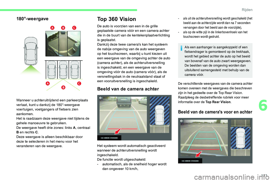 CITROEN C5 AIRCROSS 2020 Instructieboekjes (in Dutch) 171
180°-weergaveTop 360 Vision
De auto is voorzien van een in de grille
geplaatste camera vóór en een camera achter
die in de buurt van de kentekenplaatverlichting
is geplaatst.
Dankzij deze tw CITROEN C5 AIRCROSS 2020 Instructieboekjes (in Dutch) 171
180°-weergaveTop 360 Vision
De auto is voorzien van een in de grille
geplaatste camera vóór en een camera achter
die in de buurt van de kentekenplaatverlichting
is geplaatst.
Dankzij deze tw