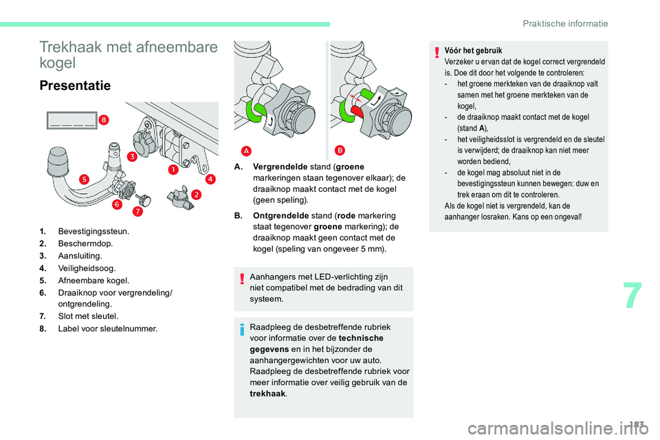 CITROEN C5 AIRCROSS 2020 Instructieboekjes (in Dutch) 183
Trekhaak met afneembare
kogel
Presentatie
1.Bevestigingssteun.
2. Beschermdop.
3. Aansluiting.
4. Veiligheidsoog.
5. Afneembare kogel.
6. Draaiknop voor vergrendeling/
ontgrendeling.
7. Slot met CITROEN C5 AIRCROSS 2020 Instructieboekjes (in Dutch) 183
Trekhaak met afneembare
kogel
Presentatie
1.Bevestigingssteun.
2. Beschermdop.
3. Aansluiting.
4. Veiligheidsoog.
5. Afneembare kogel.
6. Draaiknop voor vergrendeling/
ontgrendeling.
7. Slot met