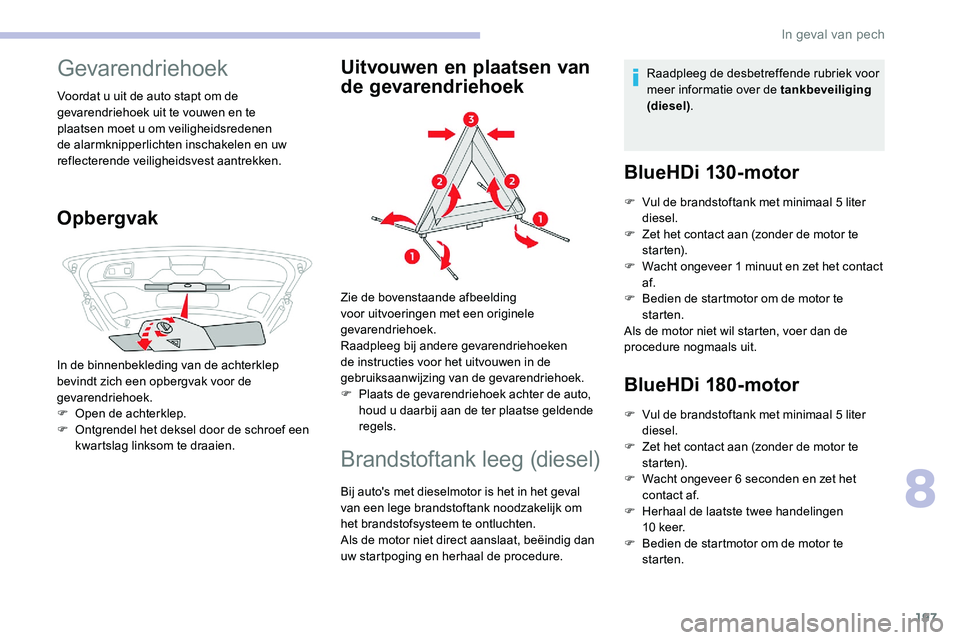 CITROEN C5 AIRCROSS 2020 Instructieboekjes (in Dutch) 197
Gevarendriehoek
Voordat u uit de auto stapt om de
g evarendriehoek uit te vouwen en te
plaatsen moet u
om veiligheidsredenen
de alarmknipperlichten inschakelen en uw
reflecterende veilighei CITROEN C5 AIRCROSS 2020 Instructieboekjes (in Dutch) 197
Gevarendriehoek
Voordat u uit de auto stapt om de
g evarendriehoek uit te vouwen en te
plaatsen moet u
om veiligheidsredenen
de alarmknipperlichten inschakelen en uw
reflecterende veilighei
