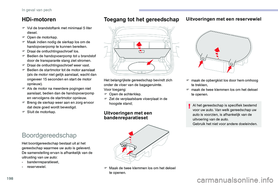 CITROEN C5 AIRCROSS 2020 Instructieboekjes (in Dutch) 198
HDi-motoren
F Vul de brandstoftank met minimaal 5 liter
diesel.
F
O
pen de motorkap.
F
M
aak indien nodig de sierkap los om de
handopvoerpomp te kunnen bereiken.
F
D
raai de ontluchtin CITROEN C5 AIRCROSS 2020 Instructieboekjes (in Dutch) 198
HDi-motoren
F Vul de brandstoftank met minimaal 5 liter
diesel.
F
O
pen de motorkap.
F
M
aak indien nodig de sierkap los om de
handopvoerpomp te kunnen bereiken.
F
D
raai de ontluchtin