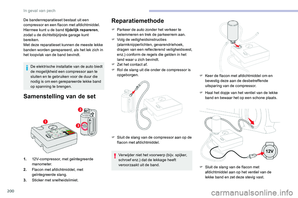 CITROEN C5 AIRCROSS 2020 Instructieboekjes (in Dutch) 200
De bandenreparatieset bestaat uit een
compressor en een flacon met afdichtmiddel.
Hiermee kunt u de band tijdelijk repareren ,
zodat u
de dichtstbijzijnde garage kunt
bereiken.
Met deze rep CITROEN C5 AIRCROSS 2020 Instructieboekjes (in Dutch) 200
De bandenreparatieset bestaat uit een
compressor en een flacon met afdichtmiddel.
Hiermee kunt u de band tijdelijk repareren ,
zodat u
de dichtstbijzijnde garage kunt
bereiken.
Met deze rep