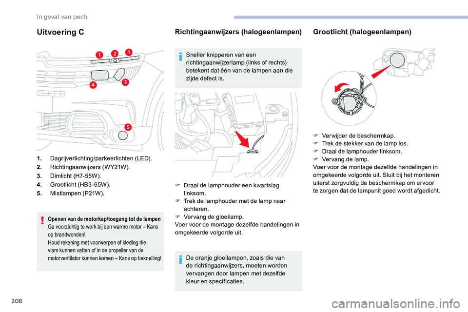CITROEN C5 AIRCROSS 2020 Instructieboekjes (in Dutch) 208
Uitvoering C
1.Dagrijverlichting/parkeerlichten (LED).
2. Richtingaanwijzers (W Y21W).
3. Dimlicht (H7-55W).
4. Grootlicht (HB3-65W).
5. Mistlampen (P21W).
Openen van de motorkap/toegang tot de la CITROEN C5 AIRCROSS 2020 Instructieboekjes (in Dutch) 208
Uitvoering C
1.Dagrijverlichting/parkeerlichten (LED).
2. Richtingaanwijzers (W Y21W).
3. Dimlicht (H7-55W).
4. Grootlicht (HB3-65W).
5. Mistlampen (P21W).
Openen van de motorkap/toegang tot de la