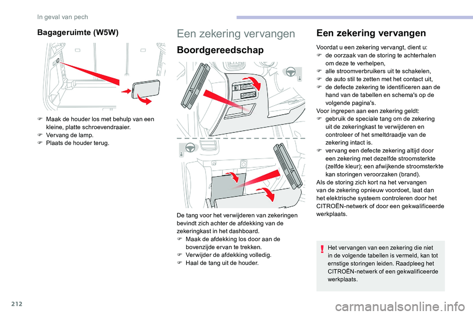 CITROEN C5 AIRCROSS 2020 Instructieboekjes (in Dutch) 212
Bagageruimte (W5W)
F Maak de houder los met behulp van een kleine, platte schroevendraaier.
F
V
ervang de lamp.
F
P
laats de houder terug.
Een zekering vervangen
Boordgereedschap
De tang voo CITROEN C5 AIRCROSS 2020 Instructieboekjes (in Dutch) 212
Bagageruimte (W5W)
F Maak de houder los met behulp van een kleine, platte schroevendraaier.
F
V
ervang de lamp.
F
P
laats de houder terug.
Een zekering vervangen
Boordgereedschap
De tang voo