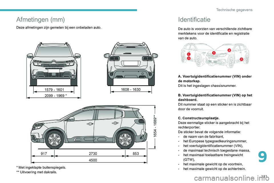 CITROEN C5 AIRCROSS 2020 Instructieboekjes (in Dutch) 221
Identificatie
De auto is voorzien van verschillende zichtbare
merktekens voor de identificatie en registratie
van de auto.
A. Voertuigidentificatienummer (VIN) onder
de motorkap.
Dit is het ing CITROEN C5 AIRCROSS 2020 Instructieboekjes (in Dutch) 221
Identificatie
De auto is voorzien van verschillende zichtbare
merktekens voor de identificatie en registratie
van de auto.
A. Voertuigidentificatienummer (VIN) onder
de motorkap.
Dit is het ing