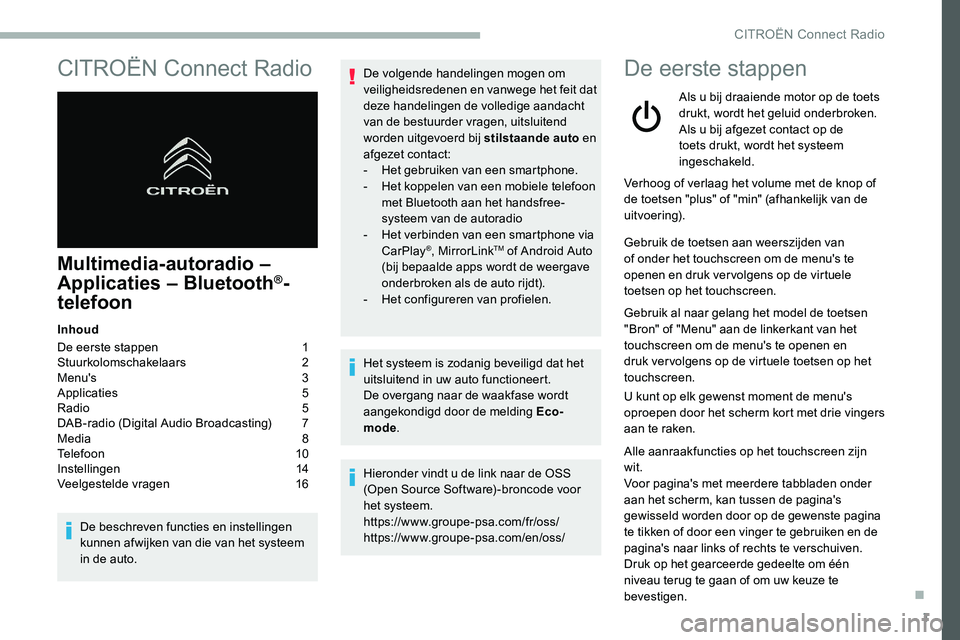 CITROEN C5 AIRCROSS 2020  Instructieboekjes (in Dutch) 1
CITROËN Connect Radio
Multimedia-autoradio – 
Applicaties – Bluetooth®-
telefoon
Inhoud
De eerste stappen 
 
1
St

uurkolomschakelaars   
2
M

enu's   
3
A

pplicaties   
5
R

adio   
5
D
