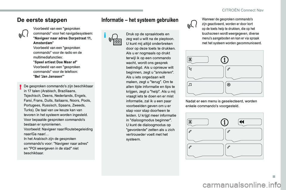 CITROEN C5 AIRCROSS 2020 Instructieboekjes (in Dutch) 5
De eerste stappen
Voorbeeld van een "gesproken
commando" voor het navigatiesysteem:
"Navigeer naar adres Dorpstraat 11,
Amsterdam "
Voorbeeld van een "gesproken
commando" CITROEN C5 AIRCROSS 2020 Instructieboekjes (in Dutch) 5
De eerste stappen
Voorbeeld van een "gesproken
commando" voor het navigatiesysteem:
"Navigeer naar adres Dorpstraat 11,
Amsterdam "
Voorbeeld van een "gesproken
commando"