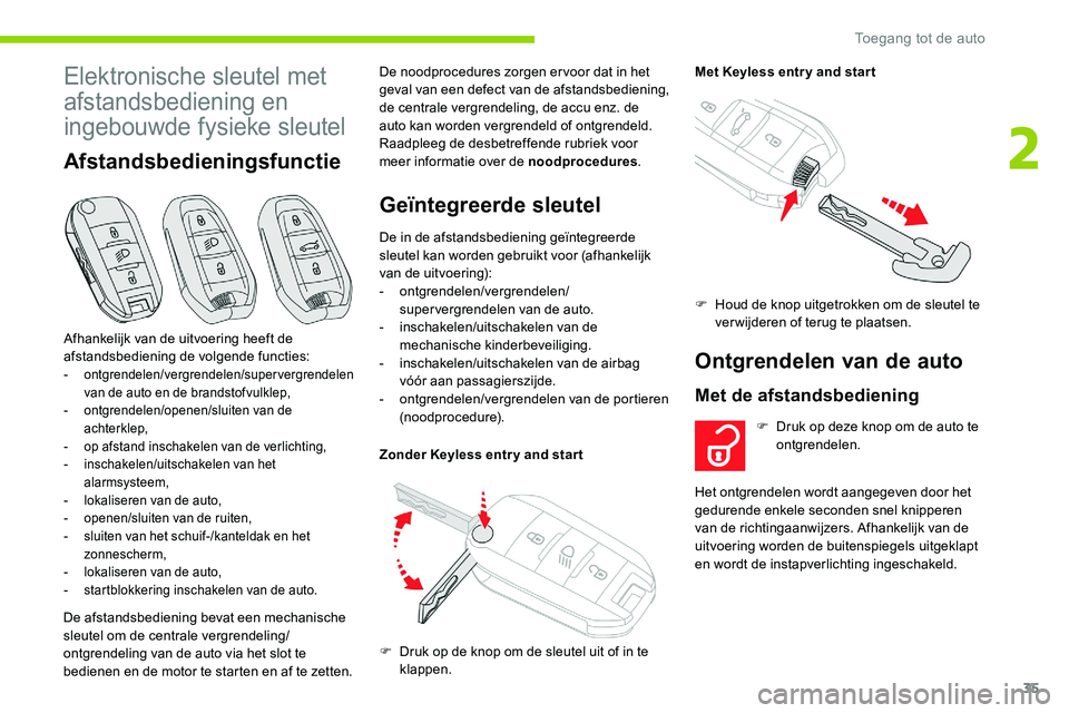CITROEN C5 AIRCROSS 2020  Instructieboekjes (in Dutch) 35
Elektronische sleutel met 
afstandsbediening en 
ingebouwde fysieke sleutel
Afstandsbedieningsfunctie
De afstandsbediening bevat een mechanische 
sleutel om de centrale vergrendeling/
ontgrendeling