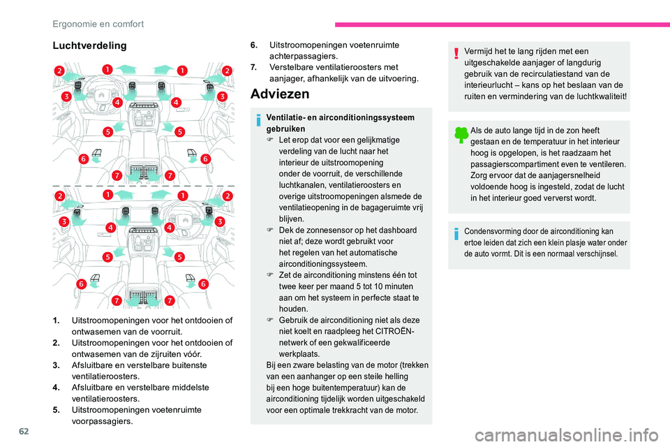 CITROEN C5 AIRCROSS 2020  Instructieboekjes (in Dutch) 62
Luchtverdeling6.Uitstroomopeningen voetenruimte 
achterpassagiers.
7. Verstelbare ventilatieroosters met 
aanjager, afhankelijk van de uitvoering.
Adviezen
1.Uitstroomopeningen voor het ontdooien o