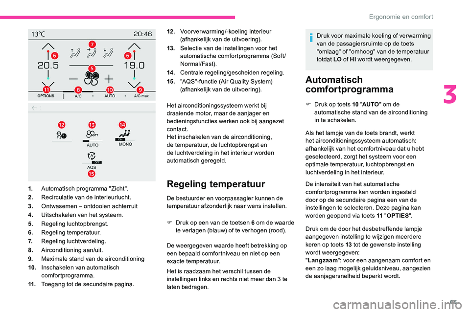 CITROEN C5 AIRCROSS 2020  Instructieboekjes (in Dutch) 65
12 .Voorverwarming/-koeling interieur 
(afhankelijk van de uitvoering).
13. Selectie van de instellingen voor het 
automatische comfortprogramma (Soft/
Normal/Fast).
14 . Centrale regeling/gescheid