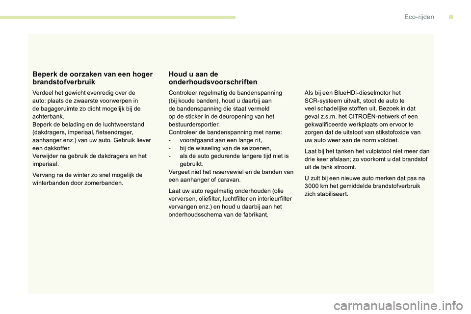 CITROEN C5 AIRCROSS 2020  Instructieboekjes (in Dutch) 7
Beperk de oorzaken van een hoger 
brandstofverbruik
Verdeel het gewicht evenredig over de 
auto: plaats de zwaarste voor werpen in 
de bagageruimte zo dicht mogelijk bij de 
achterbank.
Beperk de be